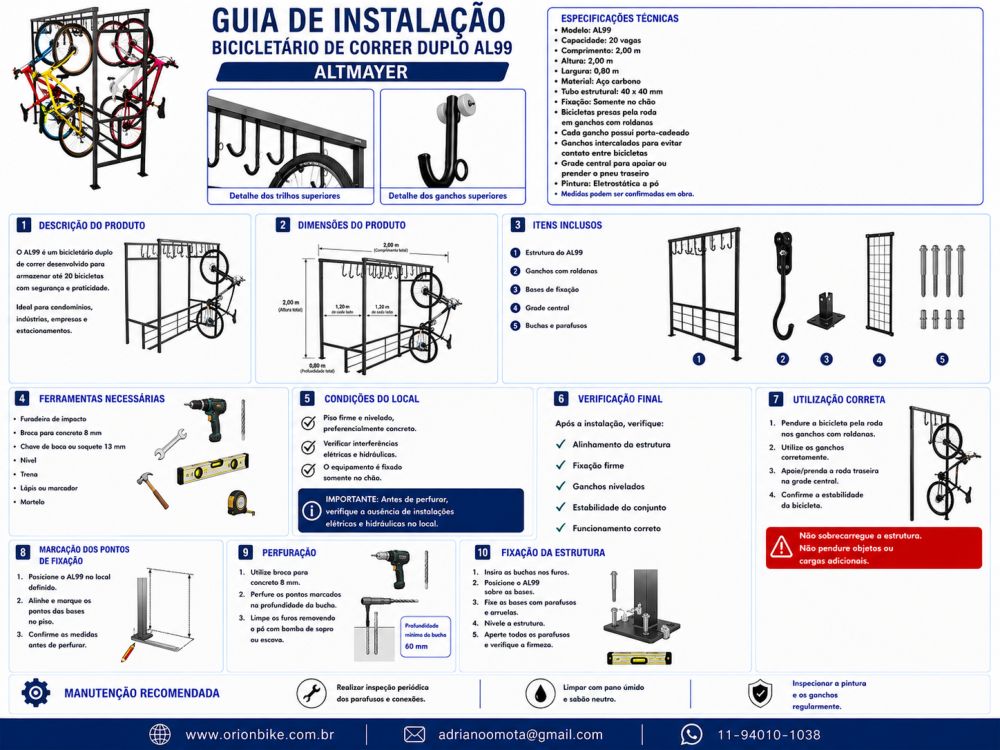 Guia de instalação — Bicicletário de correr duplo AL99